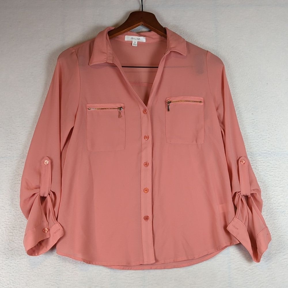 Active USA‎ Pink Sheer Zipper Pocket Button Down Blouse Shirt S